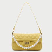 Faux pearl handle turn-lock quilted PU leather shoulder bag