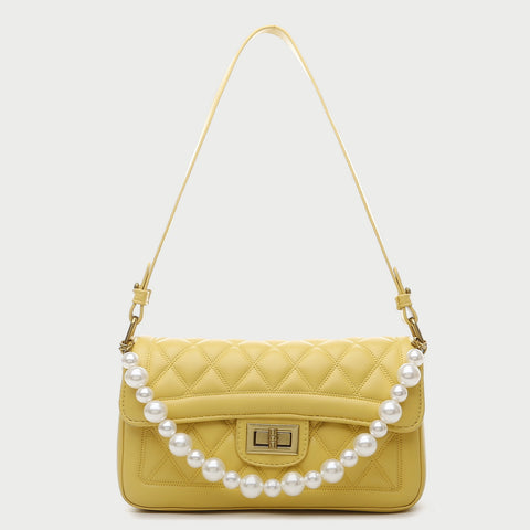 Faux pearl handle turn-lock quilted PU leather shoulder bag