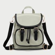 Retro buckle strap flap contrast piping PU leather backpack