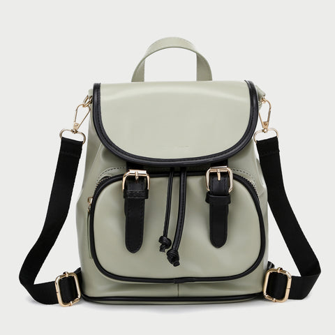 Retro buckle strap flap contrast piping PU leather backpack