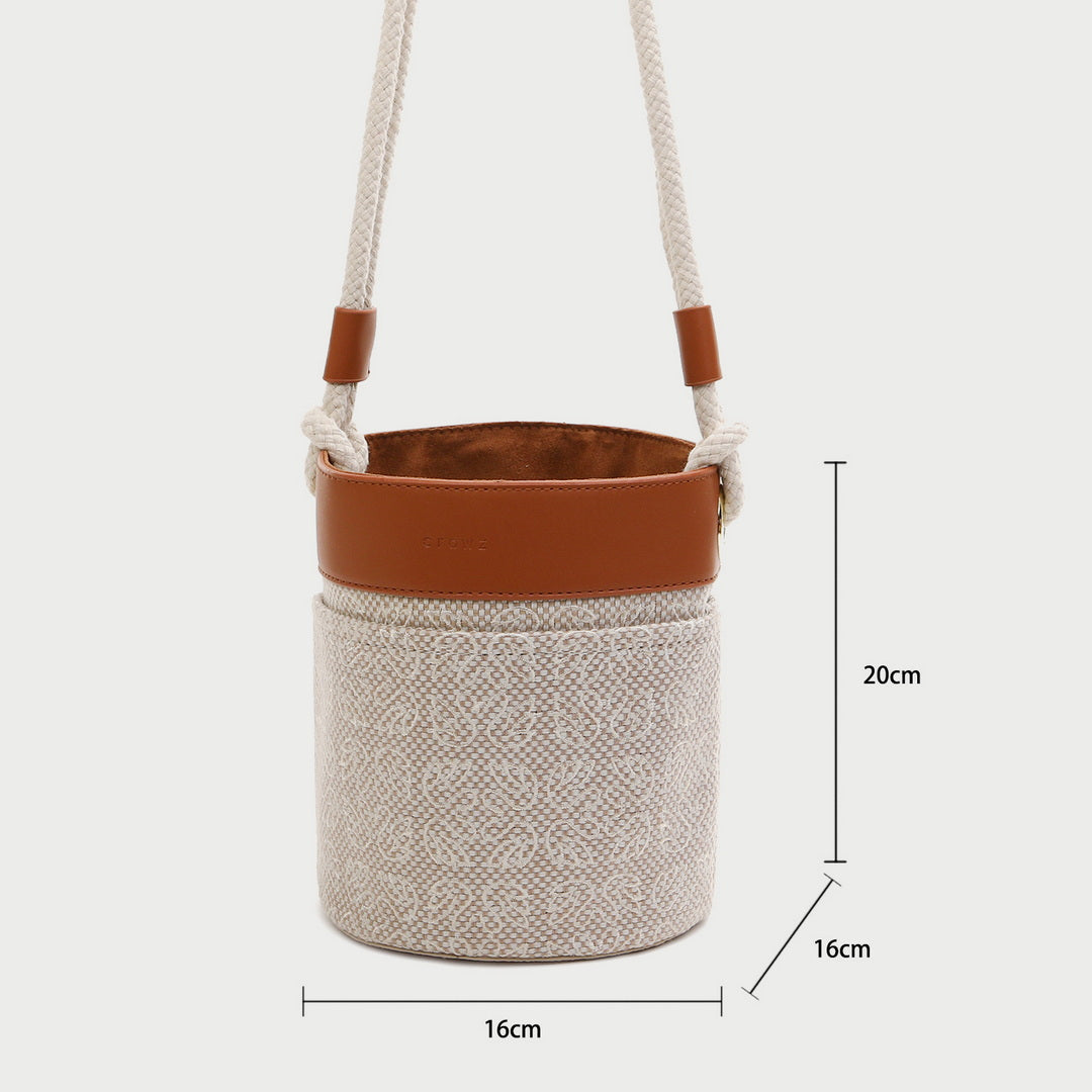 Contrast PU leather trim jacquard detail woven cylinder bucket bag
