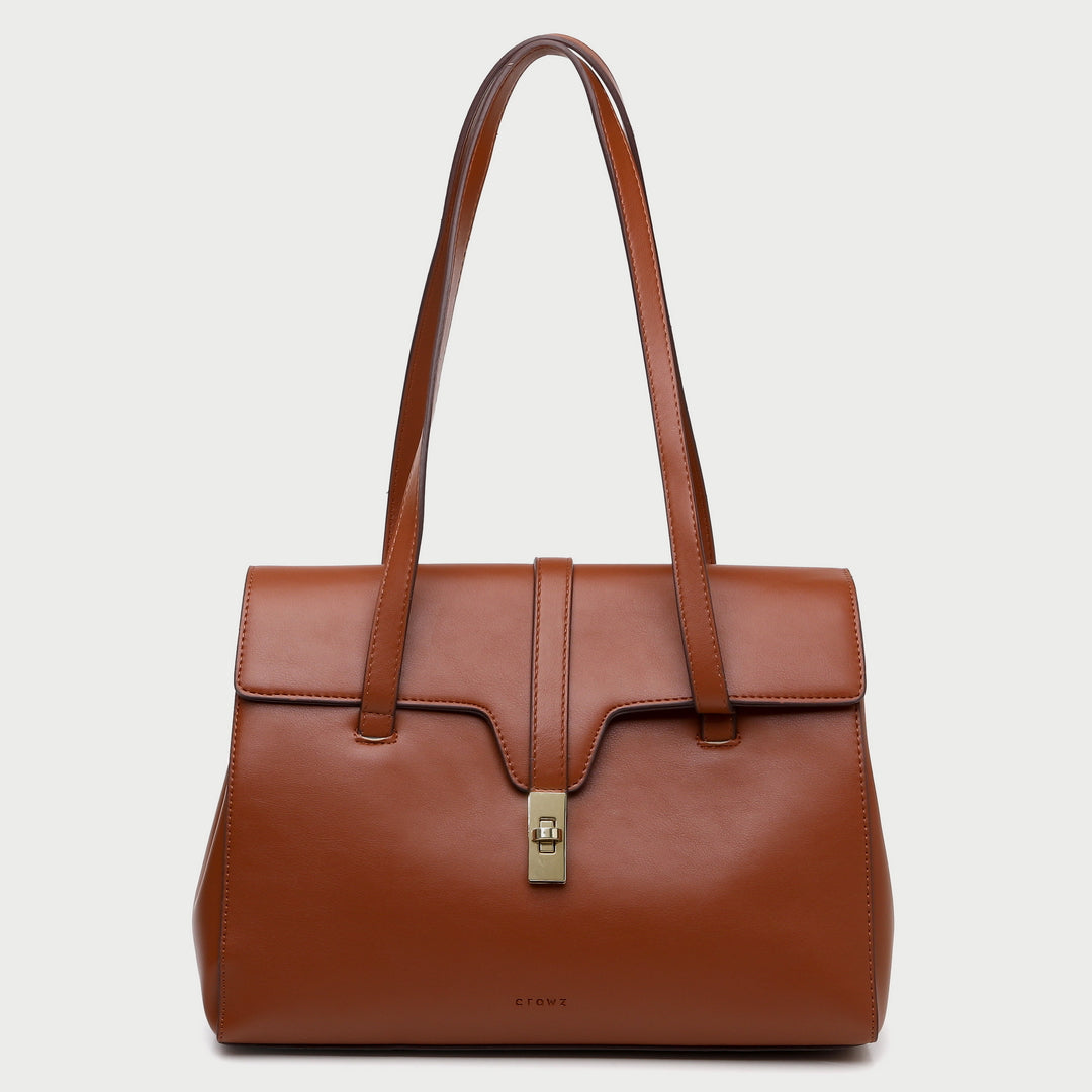 Strapped turn-lock flap two-compartment PU leather tote bag