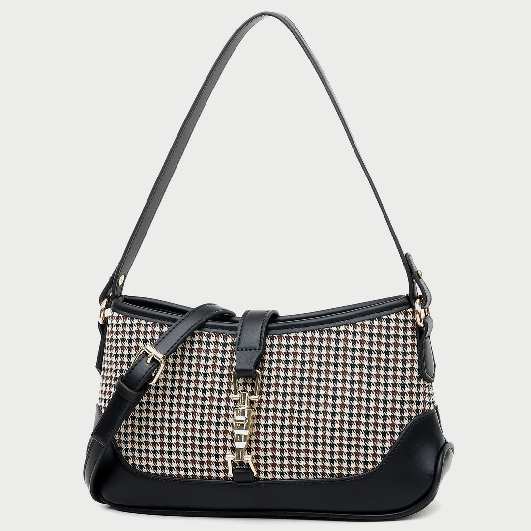 Strapped houndstooth canvas PU leather baguette bag