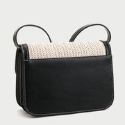 Contrast PU leather border trim flap-style woven rattan crossbody bag