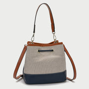 Modern drawstring detail colourblock PU leather canvas bucket bag