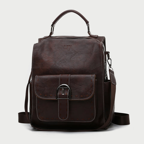 Retro buckle strap pocket functional PU leather backpack