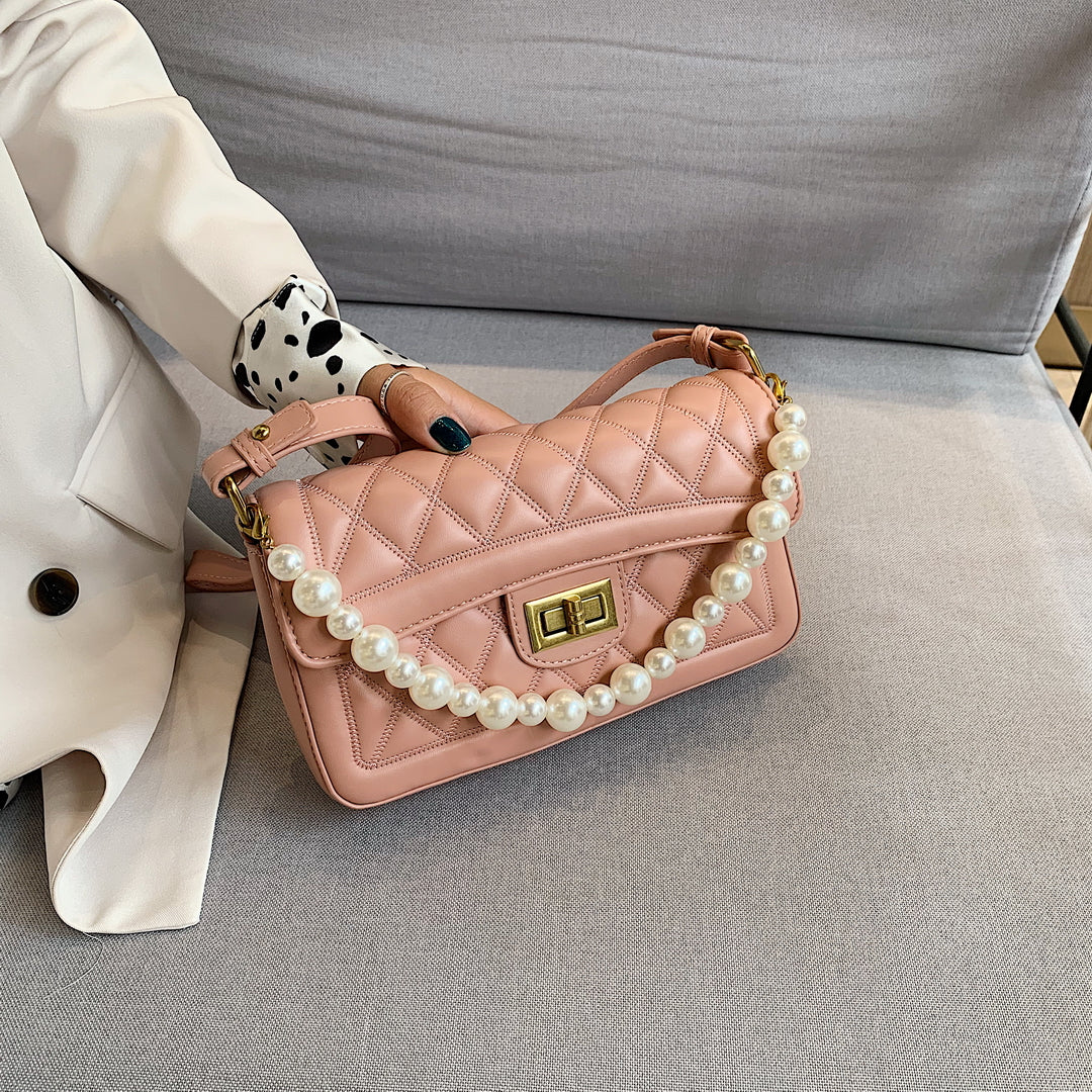 Faux pearl handle turn-lock quilted PU leather shoulder bag