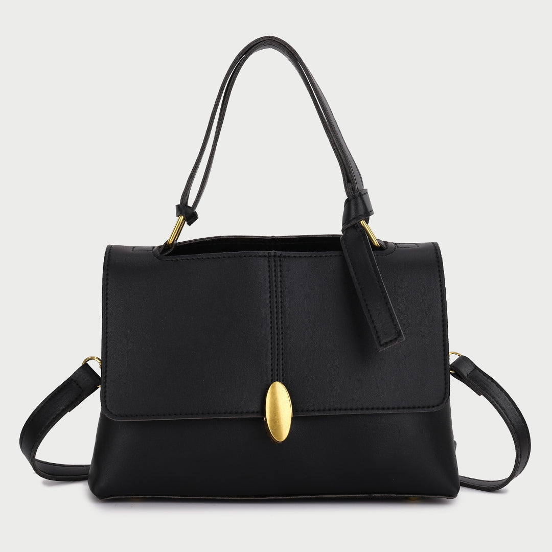 Oval metal clasp open-top flap PU leather crossbody bag