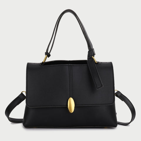 Oval metal clasp open-top flap PU leather crossbody bag