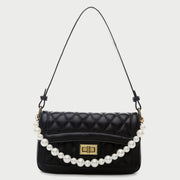 Faux pearl handle turn-lock quilted PU leather shoulder bag