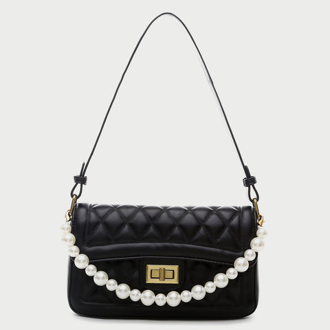 Faux pearl handle turn-lock quilted PU leather shoulder bag
