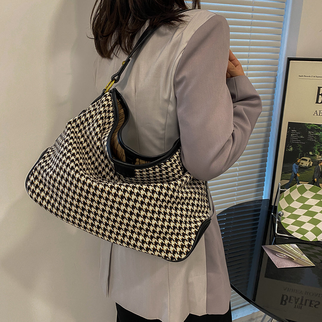 Houndstooth print PU leather trim shoulder bag (with an extra strap)