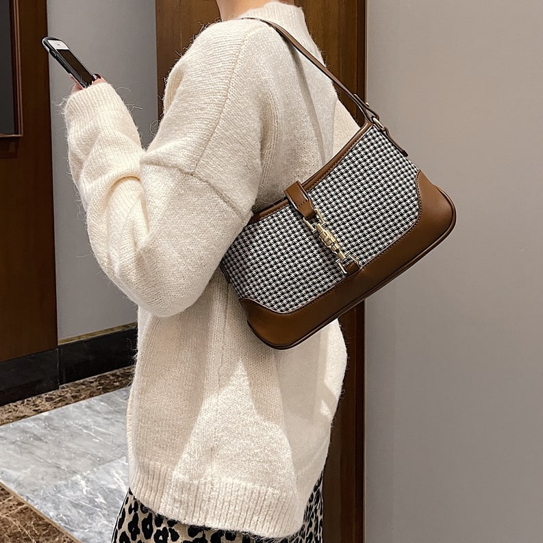 Strapped houndstooth canvas PU leather baguette bag