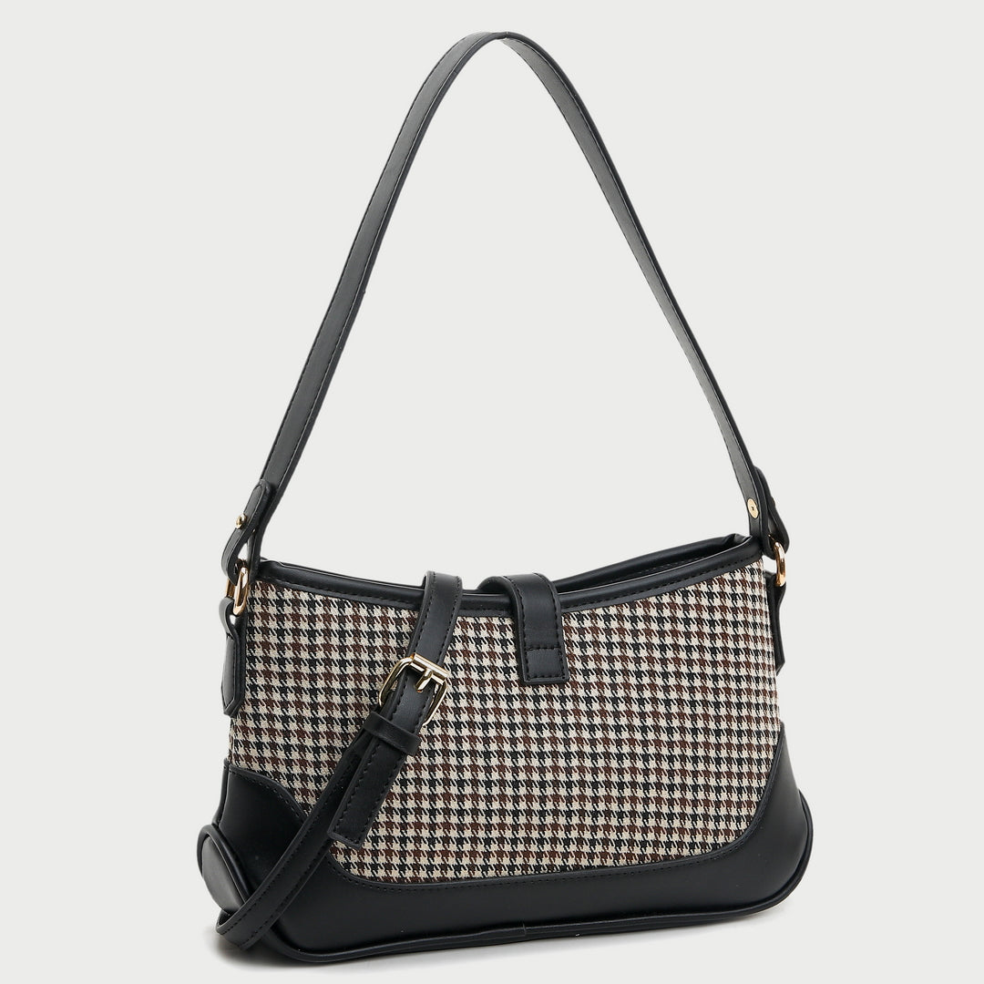 Strapped houndstooth canvas PU leather baguette bag