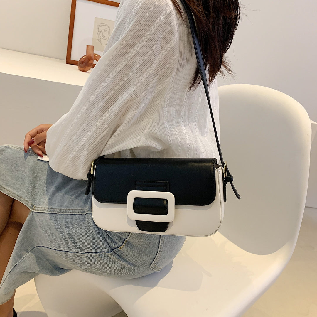 Classic buckle-strap flapover smooth PU leather shoulder bag