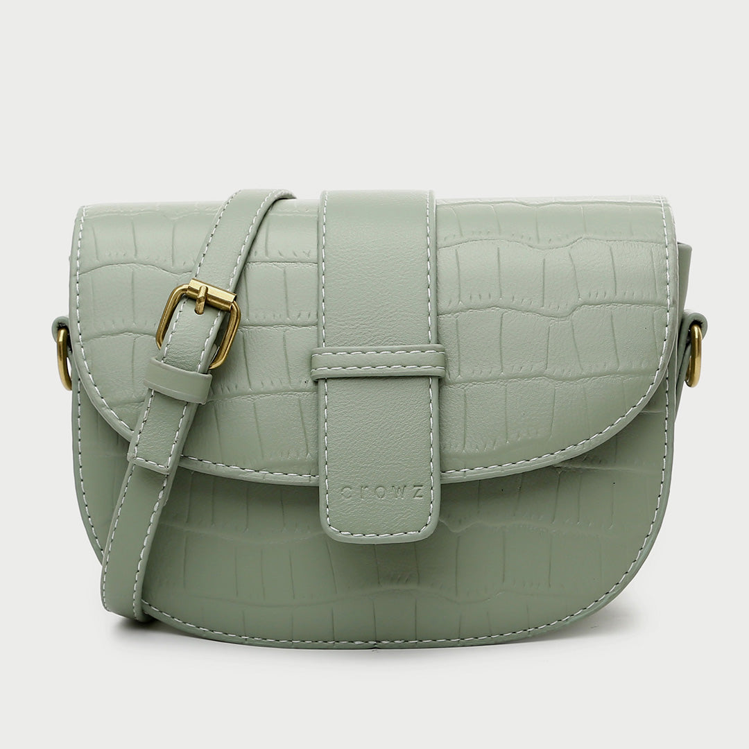 Strap flap croc-embossed PU leather saddle bag