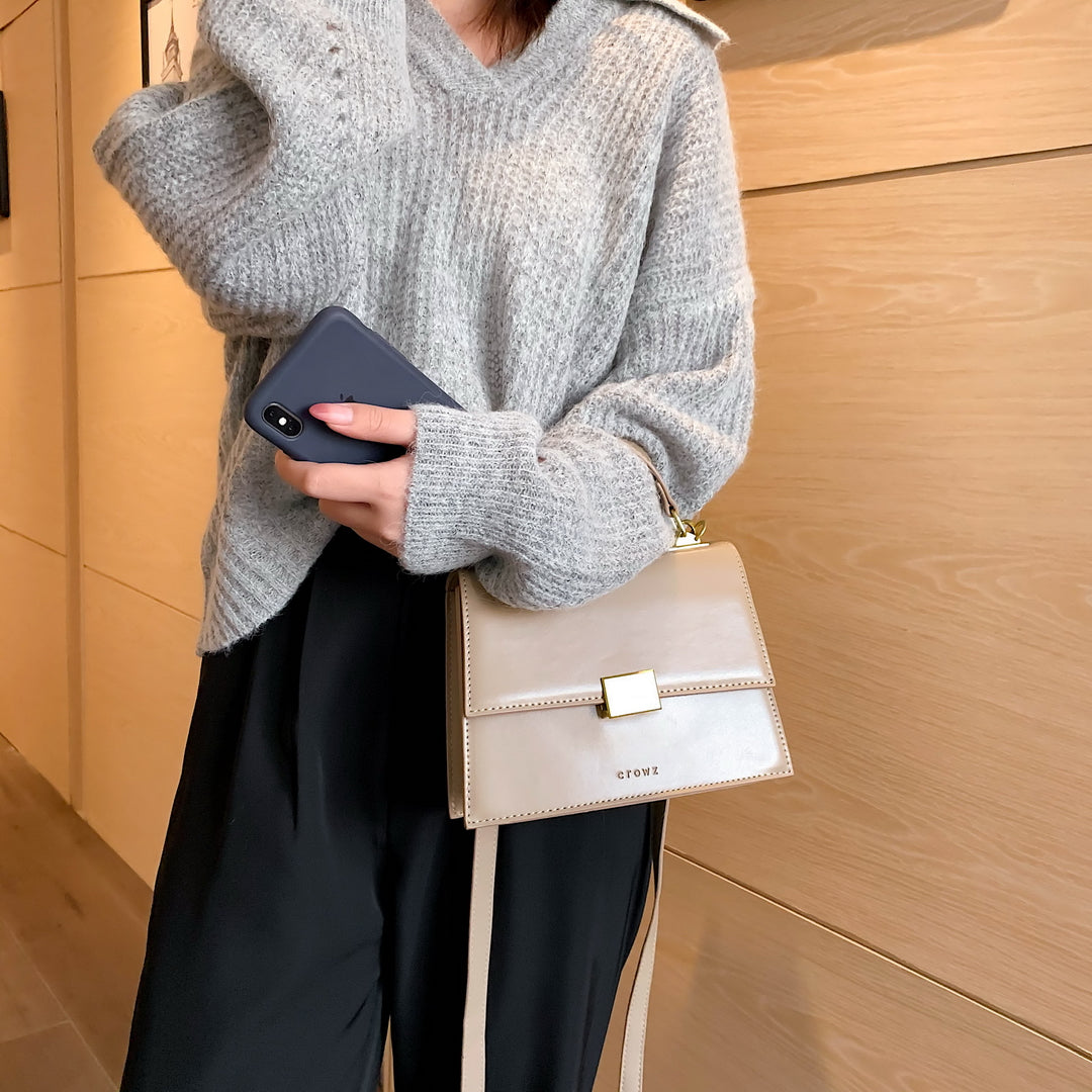 Square metal detail flapover PU leather crossbody bag