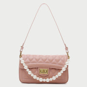Faux pearl handle turn-lock quilted PU leather shoulder bag