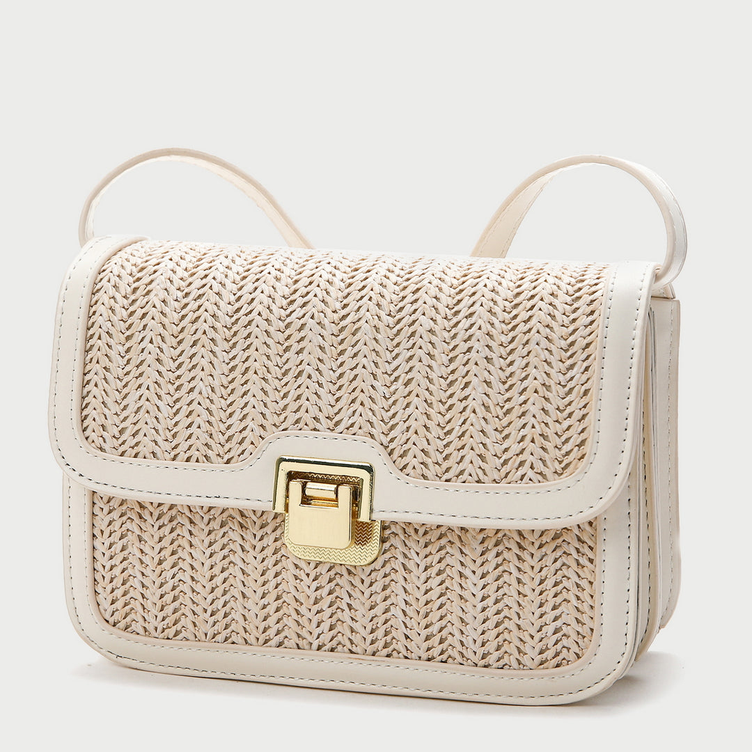 Contrast PU leather border trim flap-style woven rattan crossbody bag