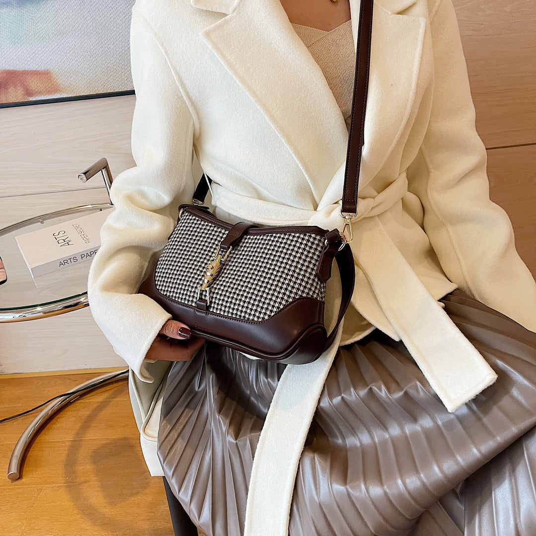 Strapped houndstooth canvas PU leather baguette bag