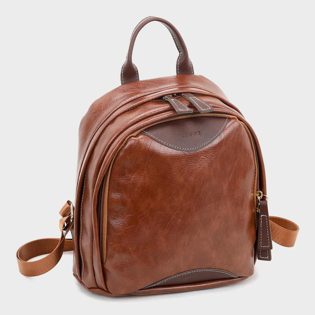 Colourblock two zip compartment small PU leather backpack