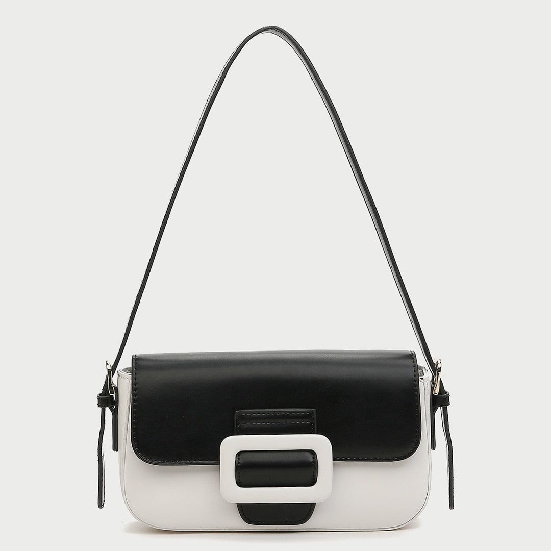 Classic buckle-strap flapover smooth PU leather shoulder bag