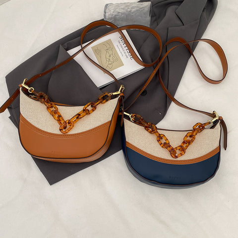 Agate-effect chain handle colourblock canvas PU leather crossbody bag