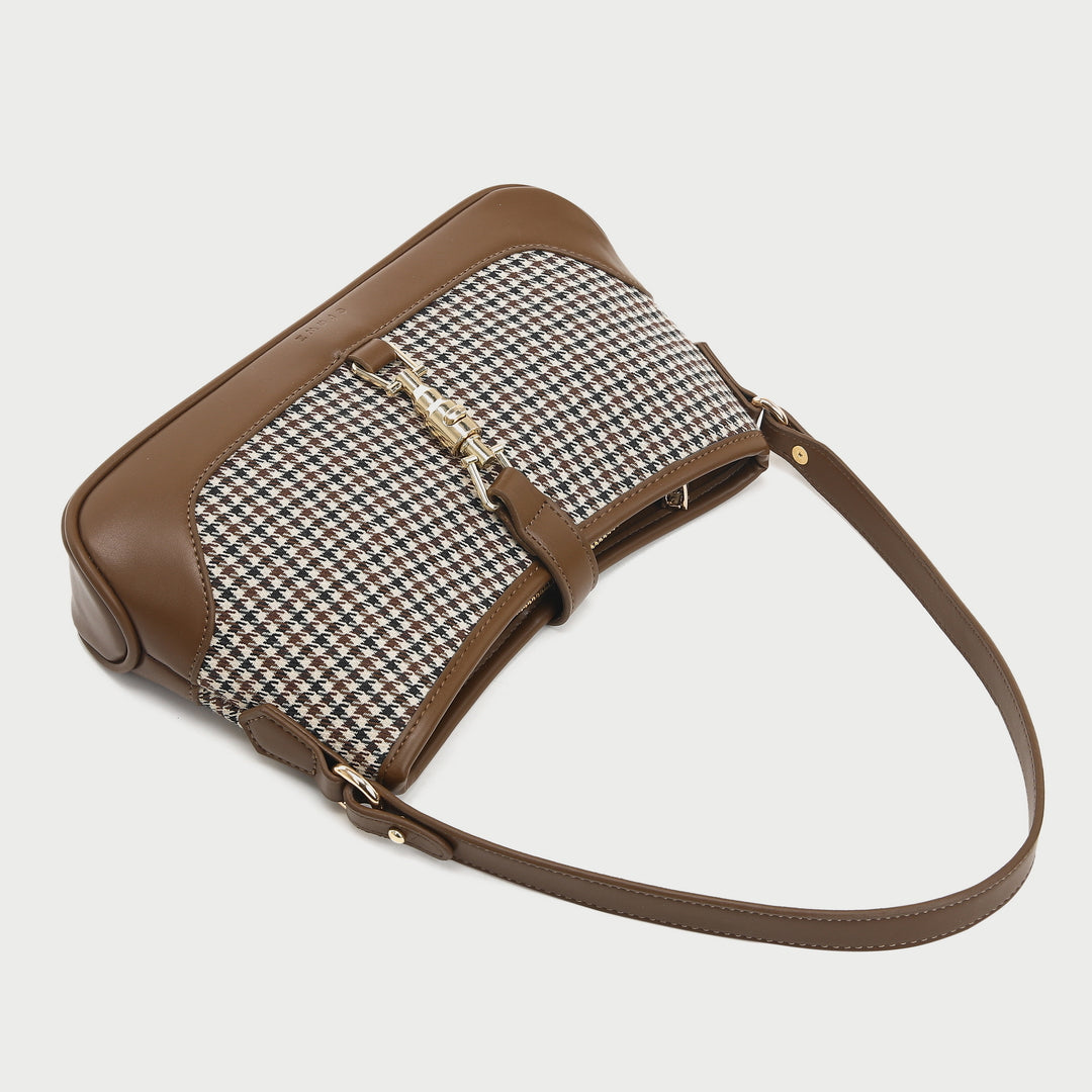 Strapped houndstooth canvas PU leather baguette bag
