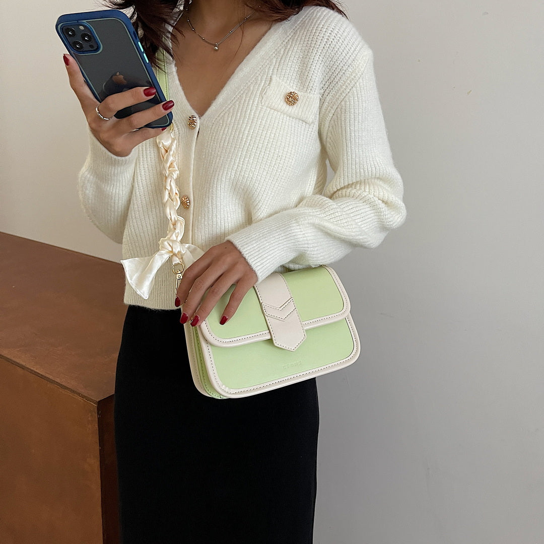 Colourblock arrow strap scarf bow PU leather crossbody bag
