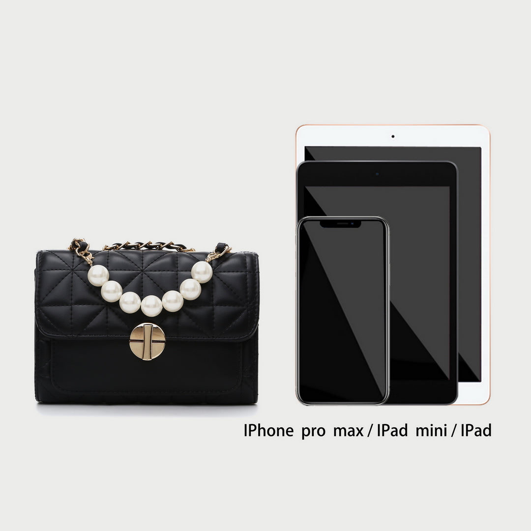 Faux pearl embellished strap turn-lock flap quilted  PU leather crossbody bag