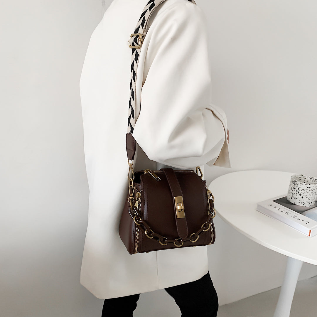 Chain handle patterned strap two-compartment PU leather crossbody bag