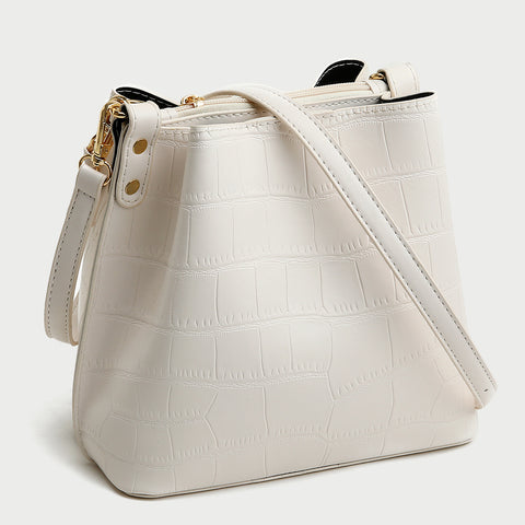 Woven chain handle croc-effect PU leather bucket bag