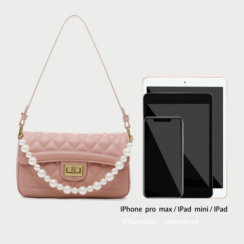Faux pearl handle turn-lock quilted PU leather shoulder bag