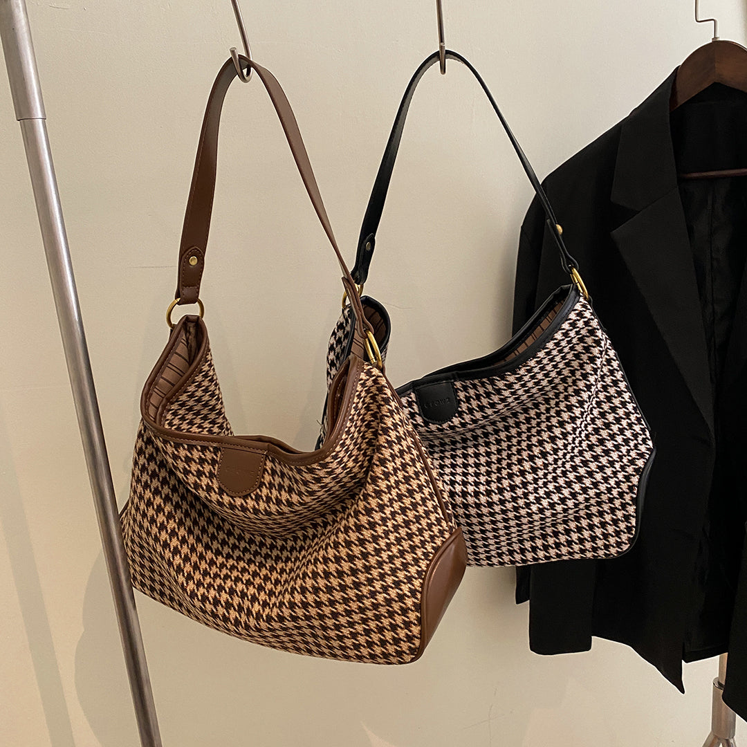 Houndstooth print PU leather trim shoulder bag (with an extra strap)