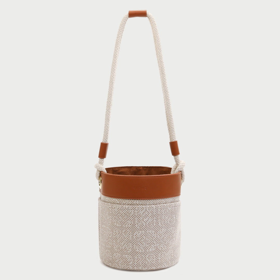 Contrast PU leather trim jacquard detail woven cylinder bucket bag