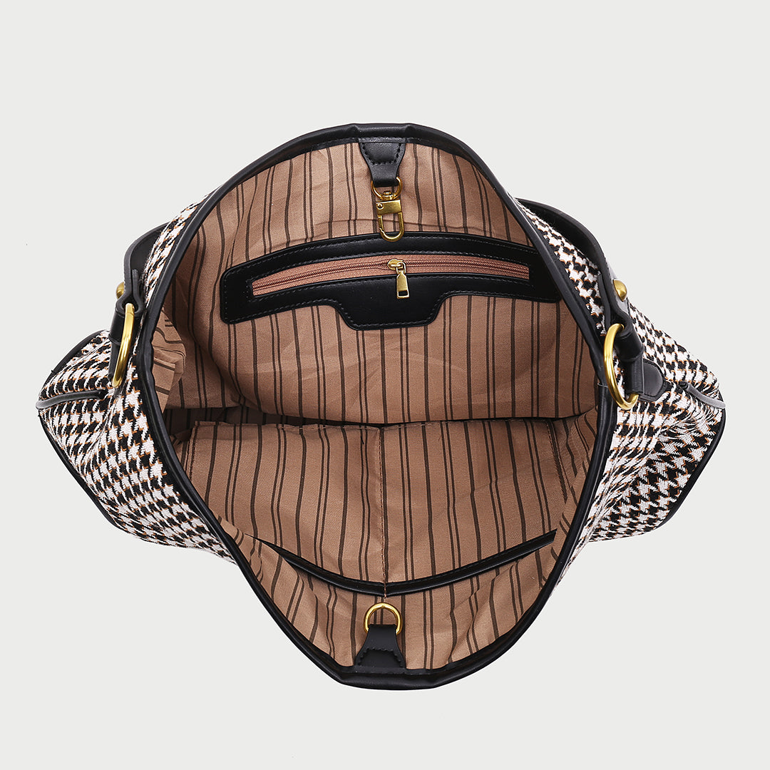 Houndstooth print PU leather trim shoulder bag (with an extra strap)
