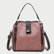Half moon metal embellished strap zip side PU leather bucket bag