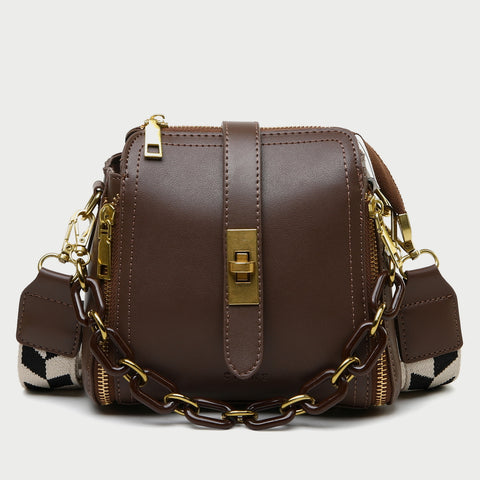 Chain handle patterned strap two-compartment PU leather crossbody bag