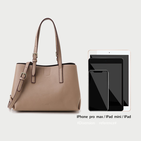 Minimal buckled handle dual compartment grained PU leather tote