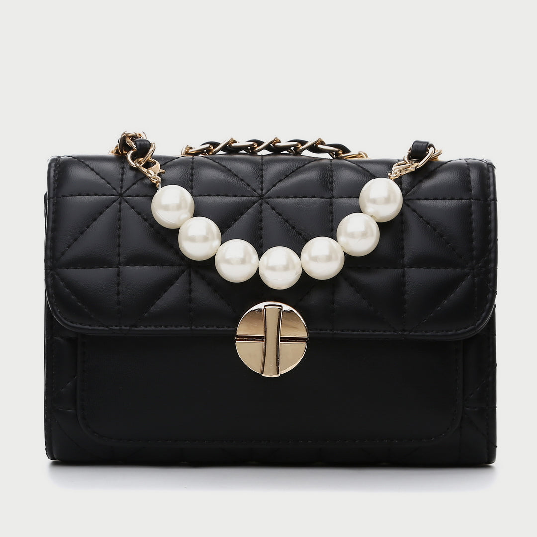 Faux pearl embellished strap turn-lock flap quilted  PU leather crossbody bag