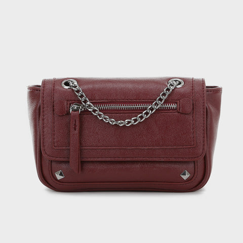 Zipped front flap studded PU leather crossbody bag