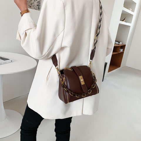 Chain handle patterned strap two-compartment PU leather crossbody bag