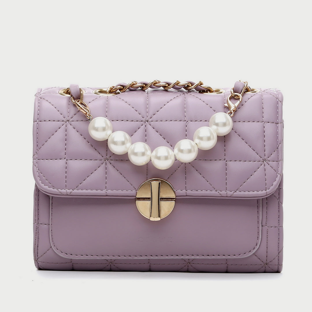 Faux pearl embellished strap turn-lock flap quilted  PU leather crossbody bag