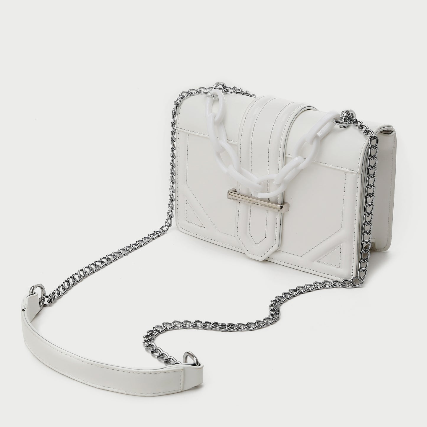 Contrast chain bordered flap PU leather crossbody bag