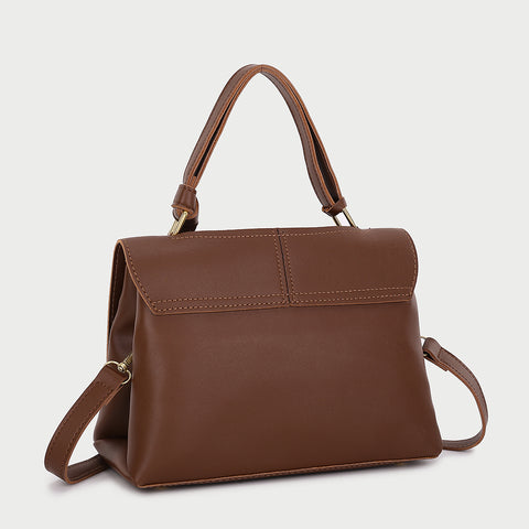 Oval metal clasp open-top flap PU leather crossbody bag