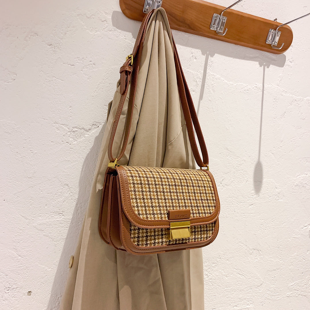 Metal closure flapover style PU leather border houndstooth plaid crossbody bag