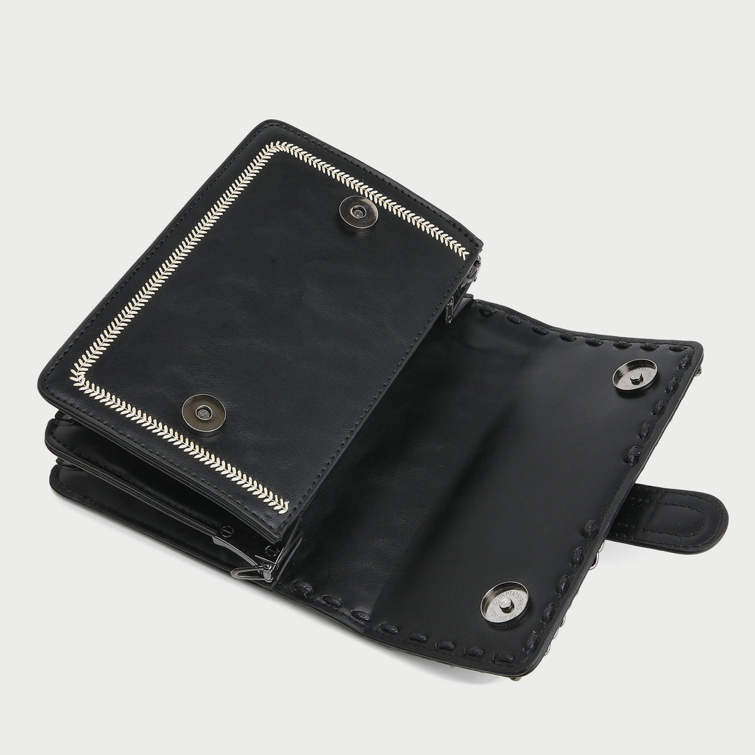 Chain bordered suede-effect flap topstitch PU leather bag