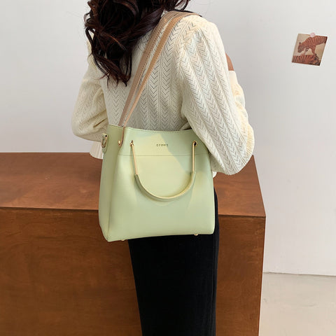 Metal handle contrast strap PU leather bucket bag