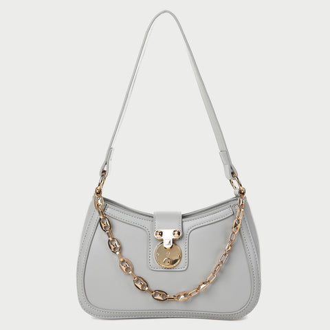 Metal chain strap PU leather baguette bag