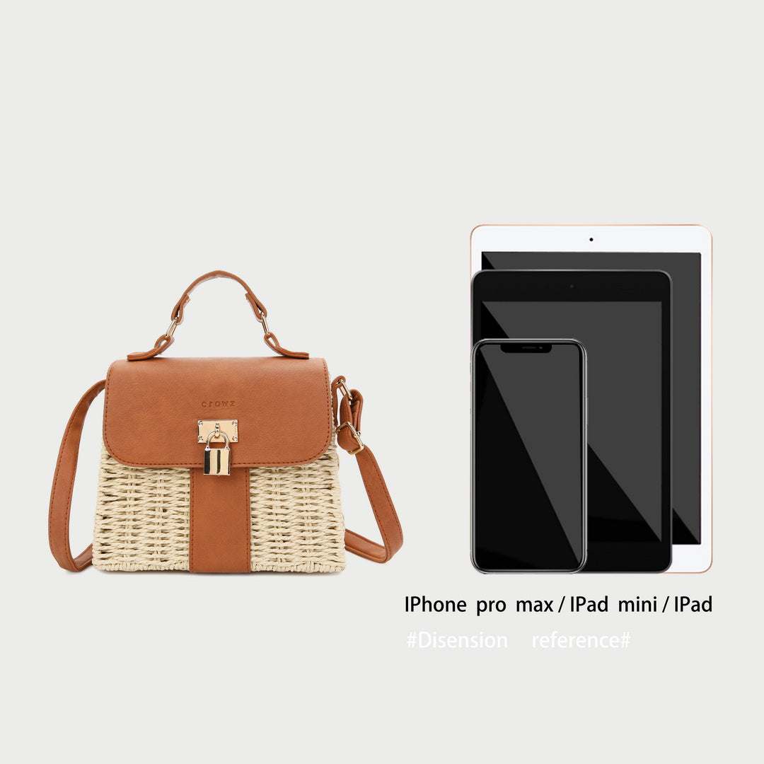 Metal padlock flapover PU leather rattan bag